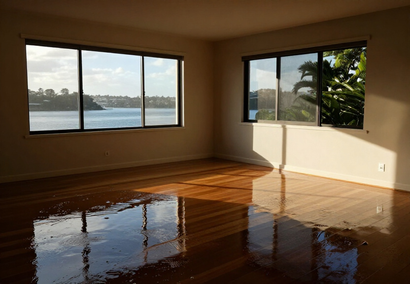 Flood-damaged living room in Plumpton before restoration